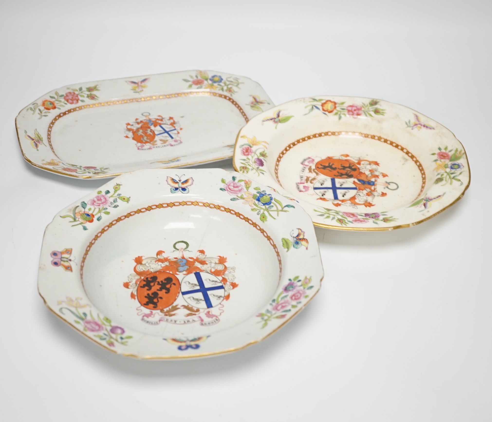 A group of Spode, Copeland & Garrett etc. stone china and porcelain armorial dinner wares, for Stuart of Bute, c.1820-50, The design in imitation of 18th century Chinese exports armorial wares, largest 28cm wide